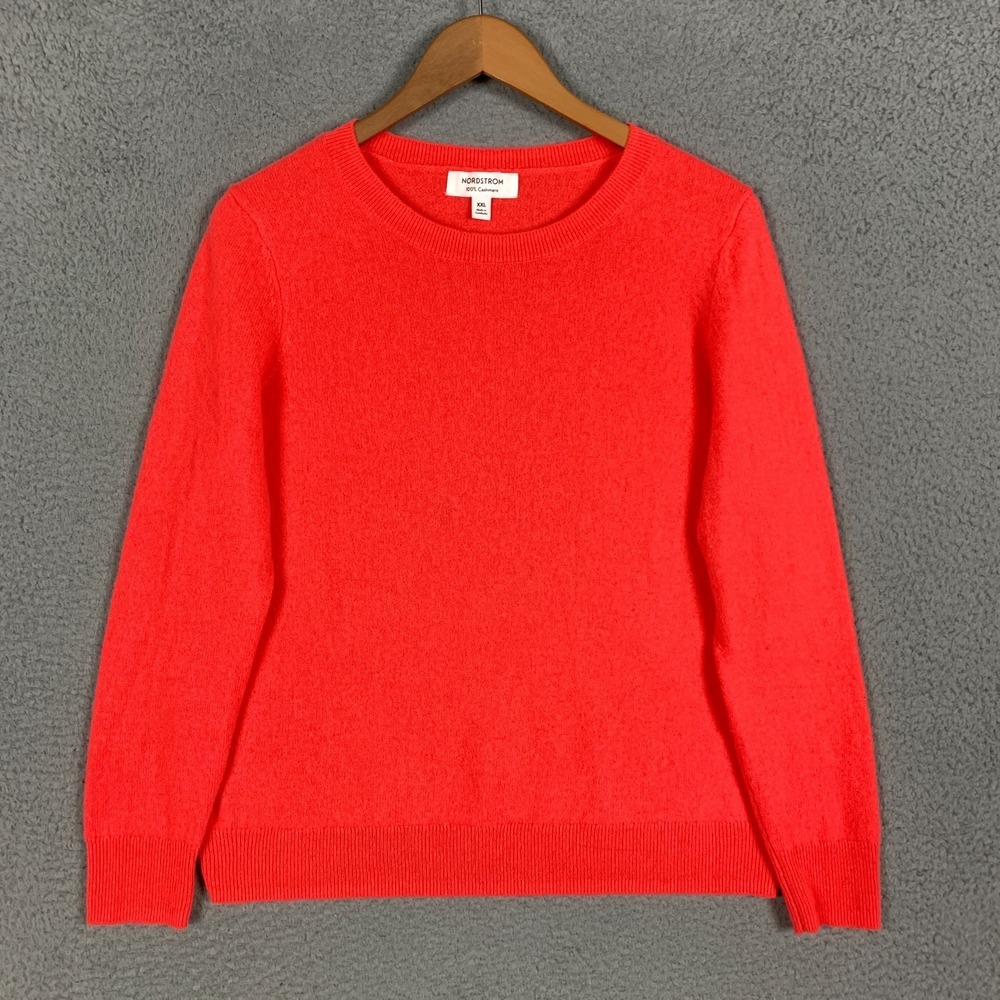 Nordstrom Cashmere Sweater Women's XXL 2XL Bright Orange Pullover Crew Classic